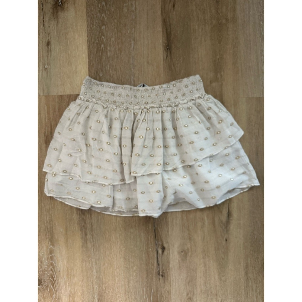 Zara Women's White Gold Metallic‎ Embroidered Smocked Ruffle Skirt L